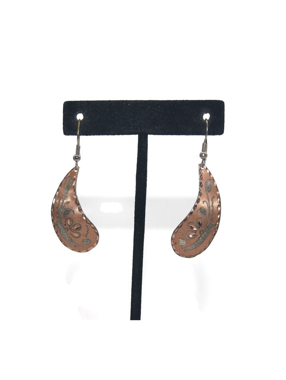 Vintage Etched Copper Floral Design Dangle Earrings with Hook Backs.